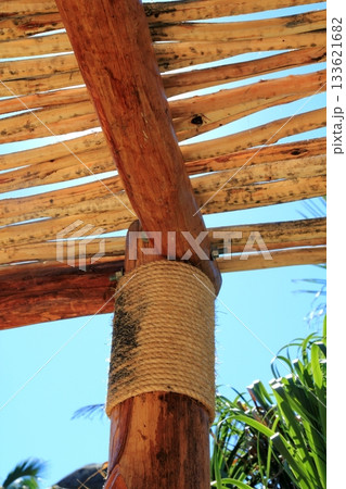 palapa tropical Mexico wood cabin roof detail 133621682