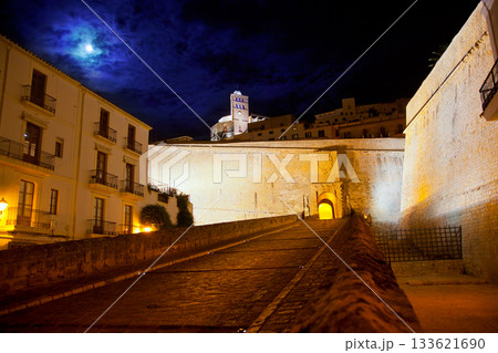 Eivissa Ibiza town with night moon castle entrance Eivissa Ibiza town with night moon castle entrance 133621690