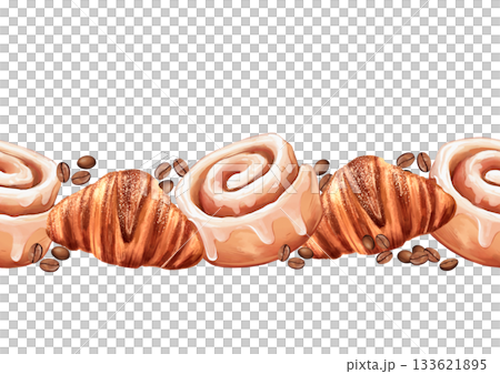Seamless illustration of a horizontal border with hand-drawn croissants, cinnabon rolls, and scattered coffee beans. Seamless illustration of a horizontal border with hand-drawn croissants, cinnabon rolls, and scattered coffee beans. 133621895