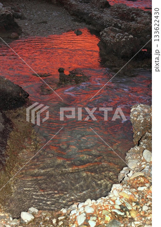 deep red sunset water reflexion on puddle 133622430