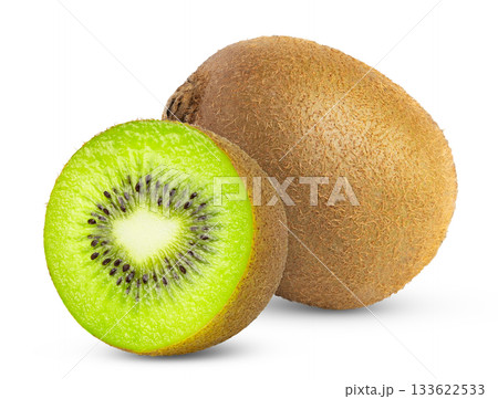 Whole ripe green kiwi fruit and half isolated.  133622533
