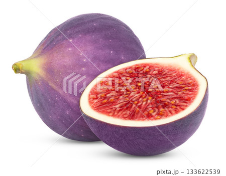 Fresh whole and cut figs isolated. Fig and a half with clipping path. 133622539