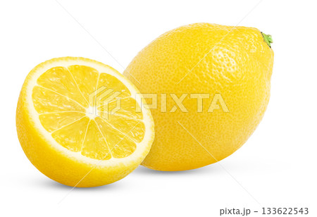 Ripe lemon fruit with half isolated. Lemons with clipping path. Ripe lemon fruit with half isolated. Lemons with clipping path. 133622543