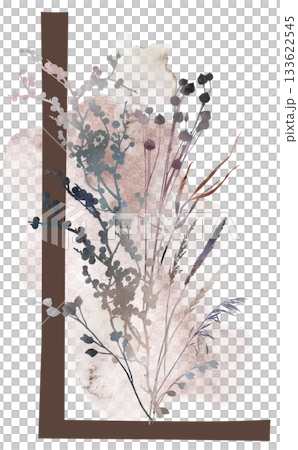 Capital letter L with watercolor autumn leaves and grass in earth tones, winter wedding illustration 133622545