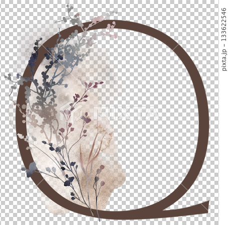 Capital letter Q with watercolor autumn leaves and grass in earth tones, winter wedding illustration 133622546