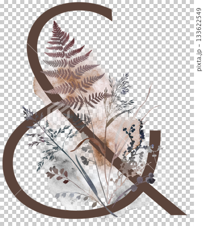 Symbol Ampersand with watercolor autumn leaves and grass in earth tones, winter wedding illustration Symbol Ampersand with watercolor autumn leaves and grass in earth tones, winter wedding illustration 133622549