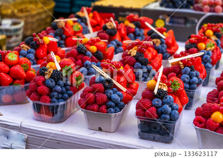 Fruit bowl on food market sale. Vitamin food. Berries red and blue 133623117
