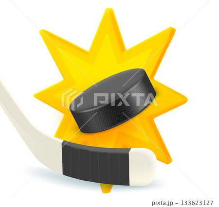 Ice hockey stick and puck with explosion. 3d vector illustration Ice hockey stick and puck with explosion. 3d vector illustration 133623127