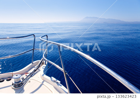 Boat bow sailing in blue Mediterranean sea Boat bow sailing in blue Mediterranean sea 133623423