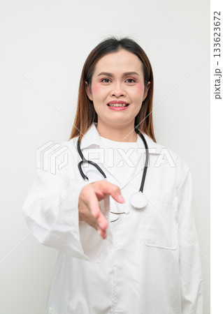 Handshake of Happy Smiling Asian Healthcare Professional Doctor in White Coat Studio Portrait Handshake of Happy Smiling Asian Healthcare Professional Doctor in White Coat Studio Portrait 133623672