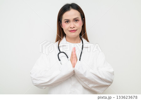 Thai Healthcare Professional Doctor in White Coat Greeting Thai Healthcare Professional Doctor in White Coat Greeting 133623678