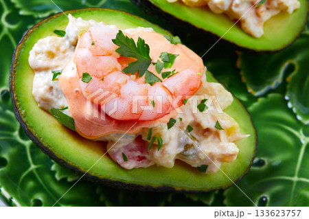 Seafood filled avocado with shrimps tapas pinchos 133623757