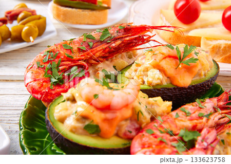 Shrimp pinchos with avocado Spain tapas Shrimp pinchos with avocado Spain tapas 133623758