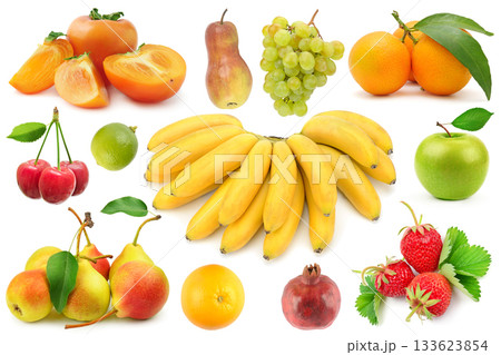 Assorted Fresh Fruits Isolated on White Including Bananas, Persimmons, Pears, Oranges, Grapes, Apples, Cherries, Strawberries and Pomegranate in a Clean Studio Composition 133623854
