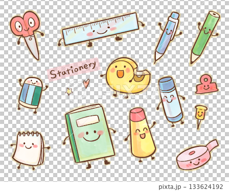 水彩風の文房具キャラクターセット/子ども・教育向け 水彩風の文房具キャラクターセット/子ども・教育向け 133624192