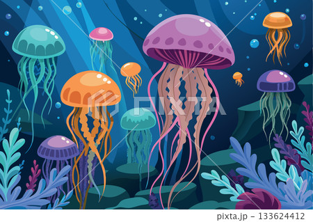Colorful jellyfish swimming in ocean depths illustration 133624412