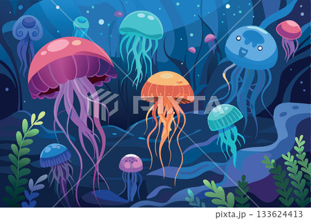 Colorful jellyfish swimming in ocean depths illustration- 133624413