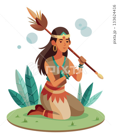 Native american woman kneeling holding spear in nature 133624416