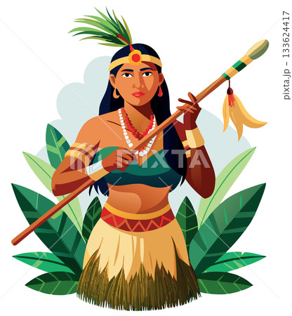 Native american woman kneeling holding spear in nature Native american woman kneeling holding spear in nature 133624417