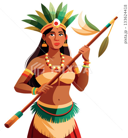 Native american woman kneeling holding spear in nature 133624418