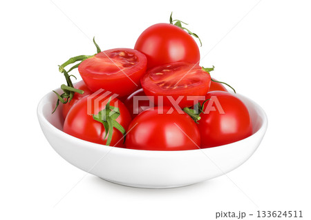 Cherry tomato in a ceramic bowl isolated on white background Cherry tomato in a ceramic bowl isolated on white background 133624511