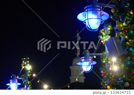 Blue street lamps and garland shine beside string lights against a dark sky. Festive ornaments decorate the walkway in a bright theme park scene. Blue street lamps and garland shine beside string lights against a dark sky. Festive ornaments decorate the walkway in a bright theme park scene. 133624715