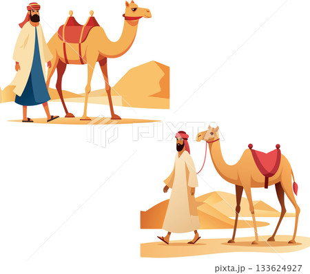 Arab men walking with camels in the desert wearing traditional clothes 133624927