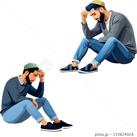 Young muslim man touching his head and feeling sad Young muslim man touching his head and feeling sad 133624928