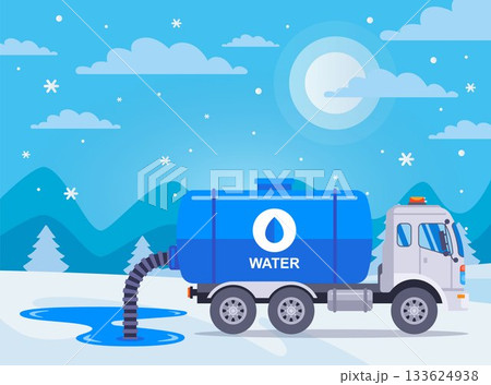 Filling a well with water. Truck with a tank and a pump hose. Machine for draining liquid. Filling a well with water. Truck with a tank and a pump hose. Machine for draining liquid. 133624938