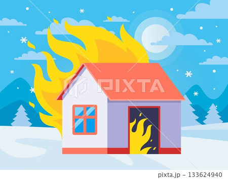 A house on fire against a winter backdrop. A private building in a village. 133624940