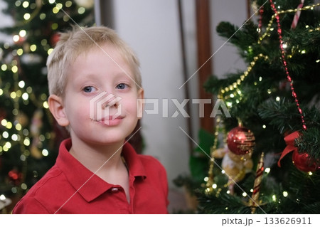 Young boy smiling during christmas holiday with decorated tree Young boy smiling during christmas holiday with decorated tree 133626911