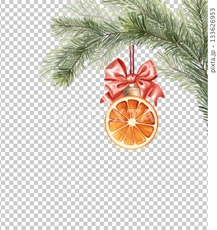 Isolated illustration of a hand-drawn pine branch with a hanging dried orange slice decorated with a red bow 133626953