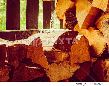Fresh stacked rustic woodpile in cabin 133626990