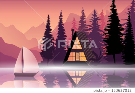 A peaceful cabin rests by the lakeshore, with tall pine trees and distant mountains framing the scene. A sailboat glides gently on the calm water, reflecting the warm colors of sunset A peaceful cabin rests by the lakeshore, with tall pine trees and distant mountains framing the scene. A sailboat glides gently on the calm water, reflecting the warm colors of sunset 133627012