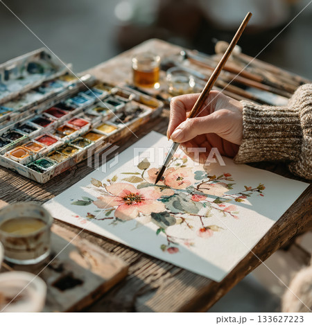 Close-up of a hand using a paintbrush to create a soft, floral watercolor painting on rough paper. Art supplies and natural light suggest a creative hobby or class.. High quality photo Close-up of a hand using a paintbrush to create a soft, floral watercolor painting on rough paper. Art supplies and natural light suggest a creative hobby or class.. High quality photo 133627223