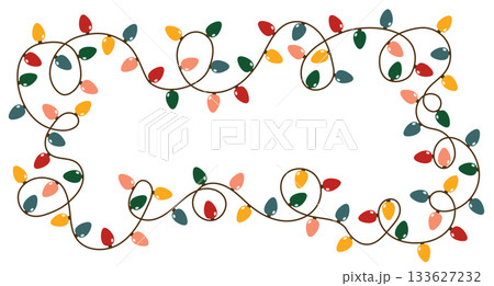 A garland of brightly colored light bulbs. Festive neon Christmas decorations and party supplies. Icicle. Festive vector frame with sparkling lights. A garland of brightly colored light bulbs. Festive neon Christmas decorations and party supplies. Icicle. Festive vector frame with sparkling lights. 133627232