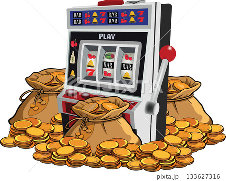 Slot machine jackpot with gold coins and sacks illustrating winning at casino Slot machine jackpot with gold coins and sacks illustrating winning at casino 133627316