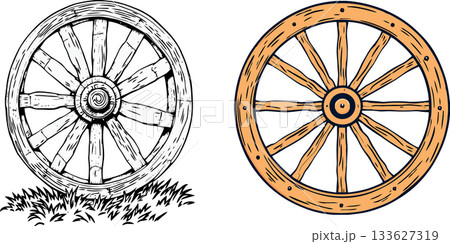 Rustic and modern wooden wagon wheels illustration Rustic and modern wooden wagon wheels illustration 133627319