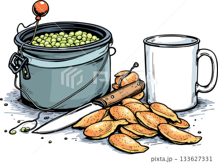 Fishing bait, peeled potatoes, knife, mug and float ready for carp fishing 133627331