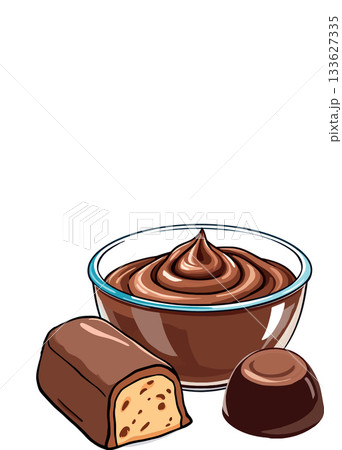 Chocolate cream, chocolate candy bar and praline composing a delicious chocolate still life Chocolate cream, chocolate candy bar and praline composing a delicious chocolate still life 133627335
