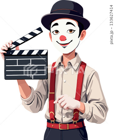 Mime artist holding movie clapperboard starting film scene 133627414