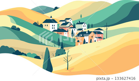 Idyllic italian countryside landscape painting with rolling hills and cypress trees Idyllic italian countryside landscape painting with rolling hills and cypress trees 133627416