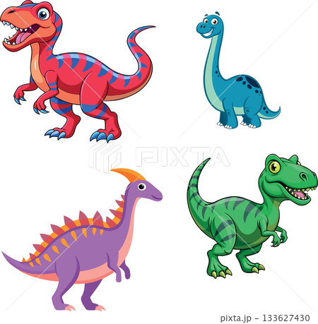 Four cartoon dinosaurs standing and smiling Four cartoon dinosaurs standing and smiling 133627430