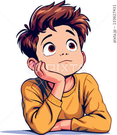 Pensive child resting chin on hand, gazing upwards in contemplation 133627431