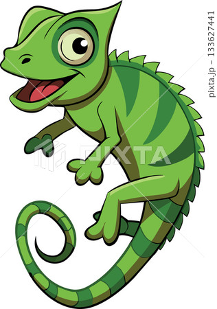 Happy green chameleon cartoon character smiling and holding on 133627441