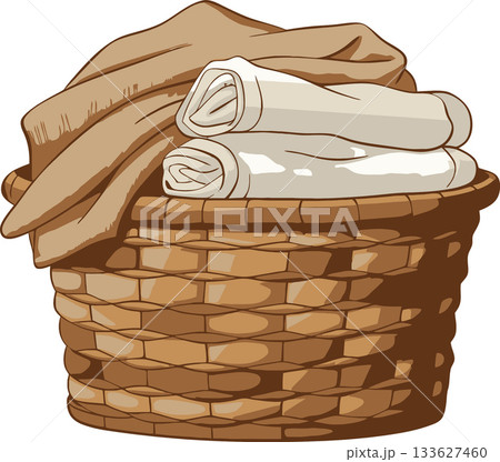 Wicker laundry basket overflowing with freshly laundered towels and clothes 133627460