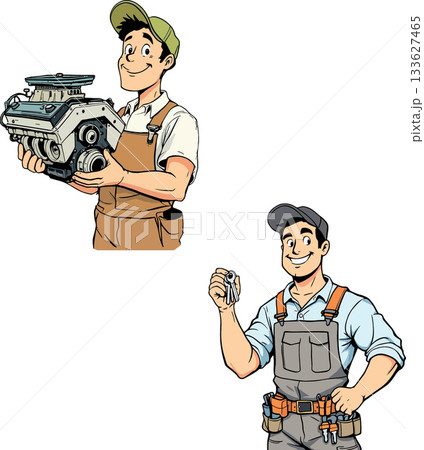Mechanics holding car engine and keys, smiling, repair shop, auto service Mechanics holding car engine and keys, smiling, repair shop, auto service 133627465