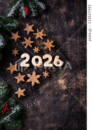 Festive New Year's cookies in the shape of 2026 Festive New Year's cookies in the shape of 2026 133627491