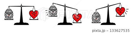 Cute Kawaii style brain and heart on weight scales, balanced or one side heavier version, emotions and rational thinking conflict concept Cute Kawaii style brain and heart on weight scales, balanced or one side heavier version, emotions and rational thinking conflict concept 133627535