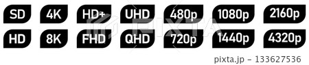 Set of simple video or movie resolution icons, number and text in rectangle with two rounded corners 133627536